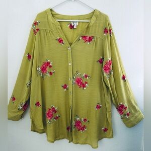 Fig and Flower Anthropologie Embroidered Button-Front Top Size 2X